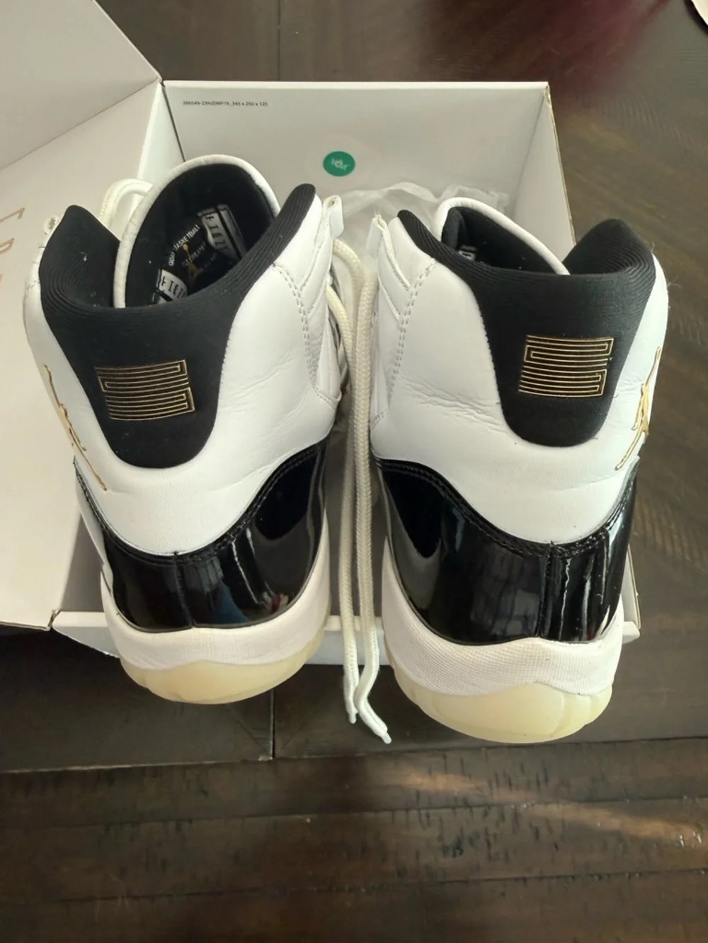 Jordan 11 Gratitude Basketball Sneakers in White, Black & Gold - Picture 5 of 9